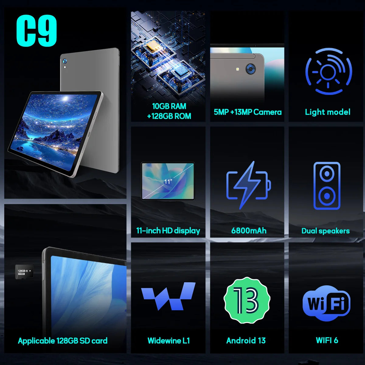 C9+ 11 Inch Tablet HD Display Android14 Octa-Core Processor 12GB RAM+128GB ROM(1TB TF)