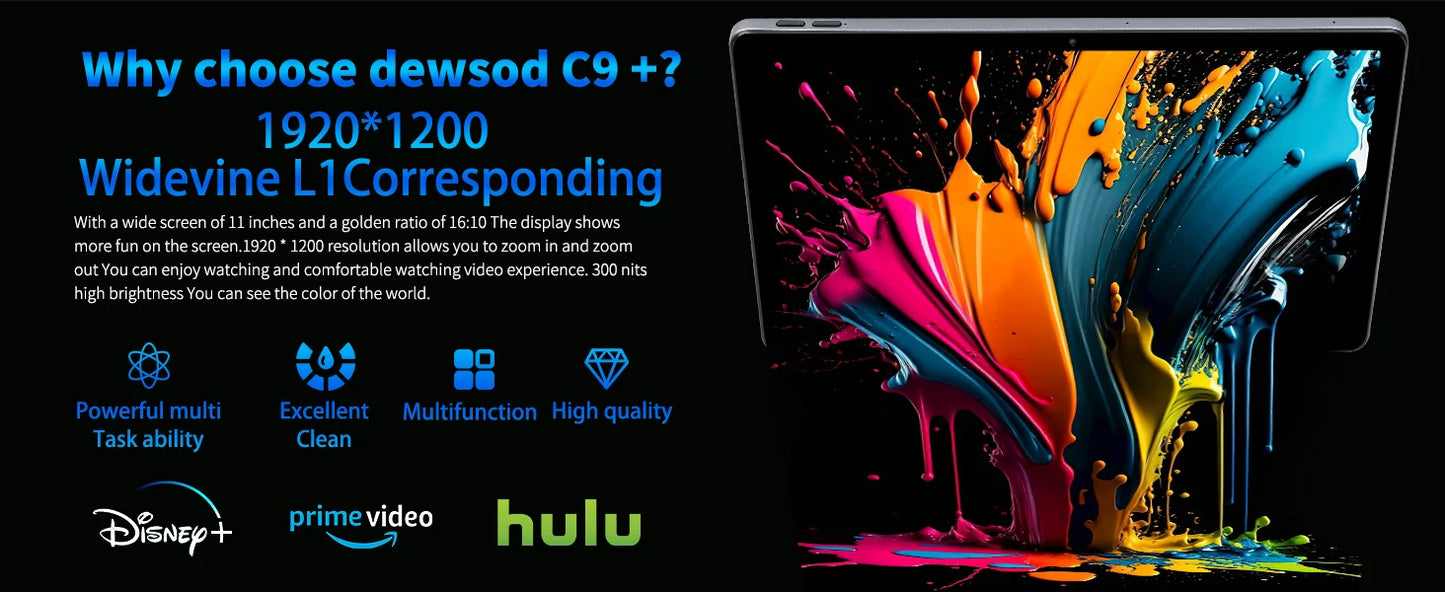 C9+ 11 Inch Tablet HD Display Android14 Octa-Core Processor 12GB RAM+128GB ROM(1TB TF)