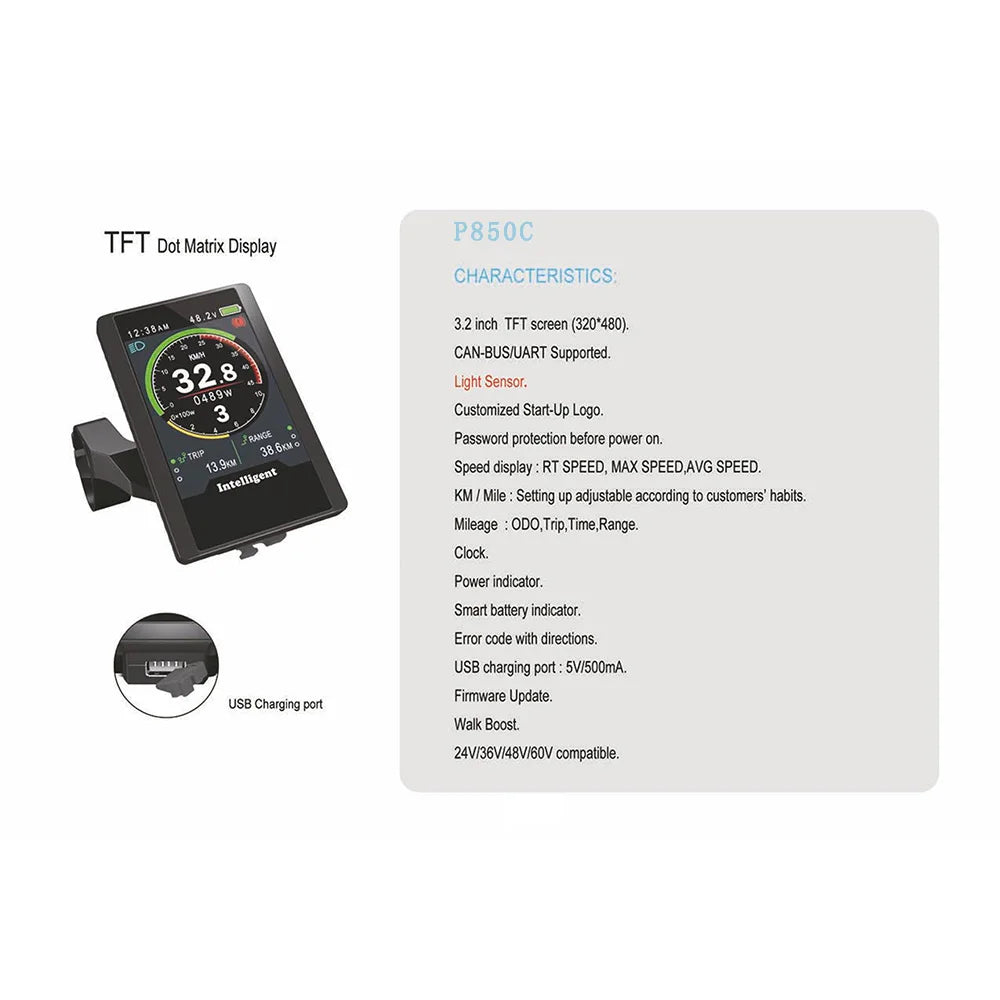 Electric Bike Speedometer with USB Port, TFT Display, P850C for BAFANG BBS, Mid Drive Hub Motor, Ebike Computer