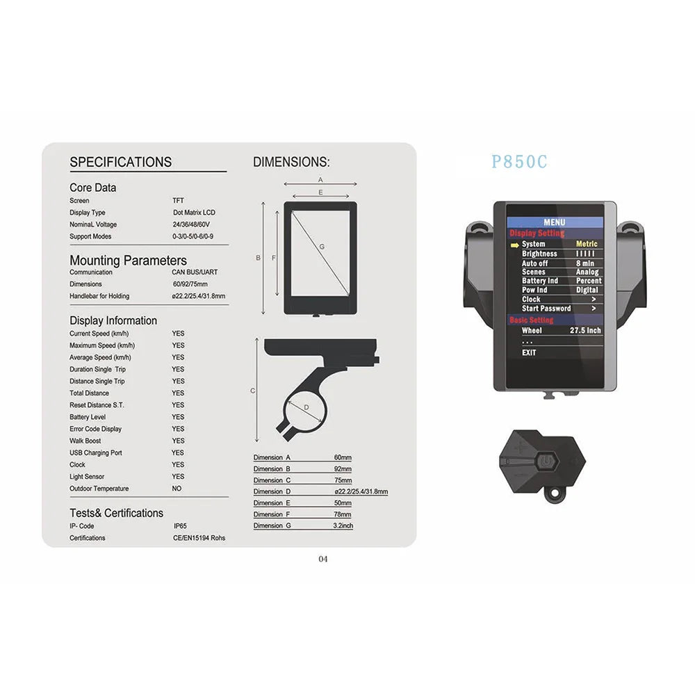 Electric Bike Speedometer with USB Port, TFT Display, P850C for BAFANG BBS, Mid Drive Hub Motor, Ebike Computer