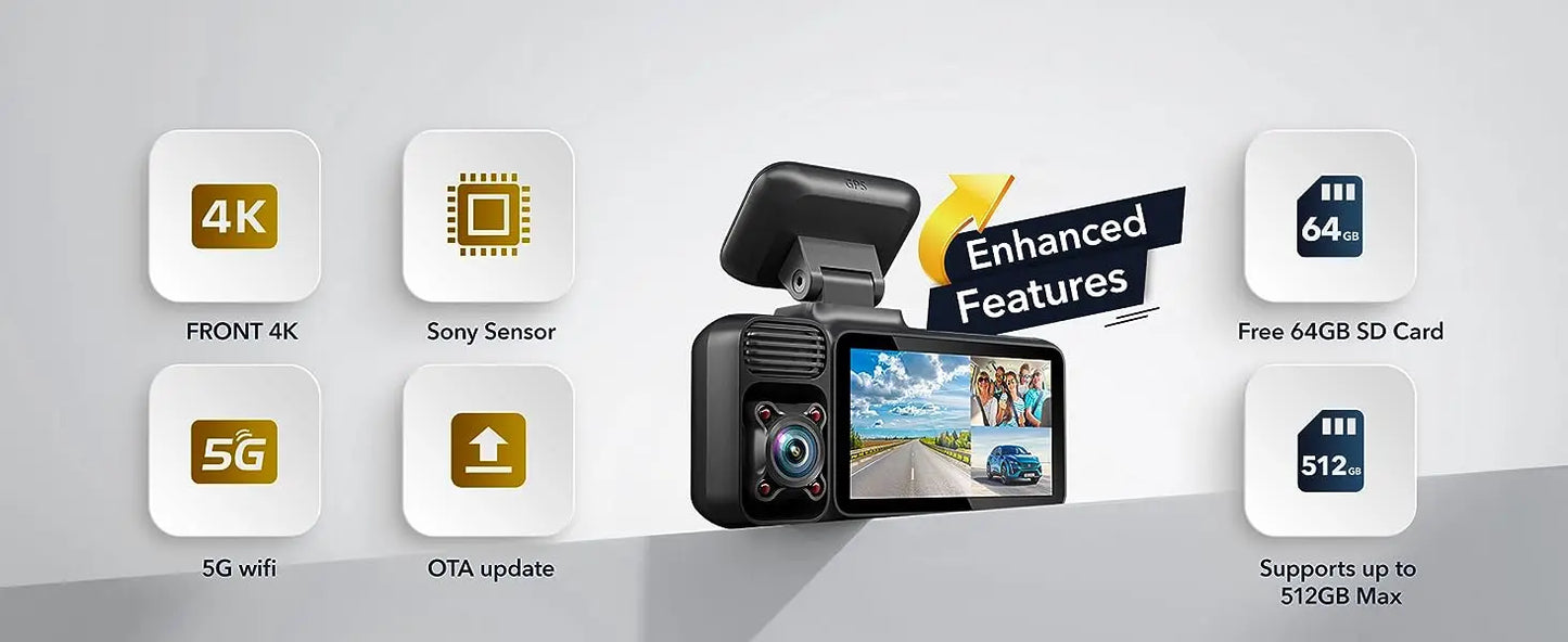 REDTIGER 3 Channel Car Camera 4k Dash Camera