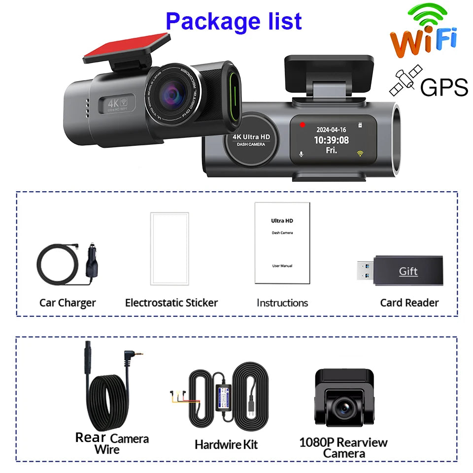 E-ACE 4K Dash Cam for Cars Dual Lens Camera DVR Video Recorder