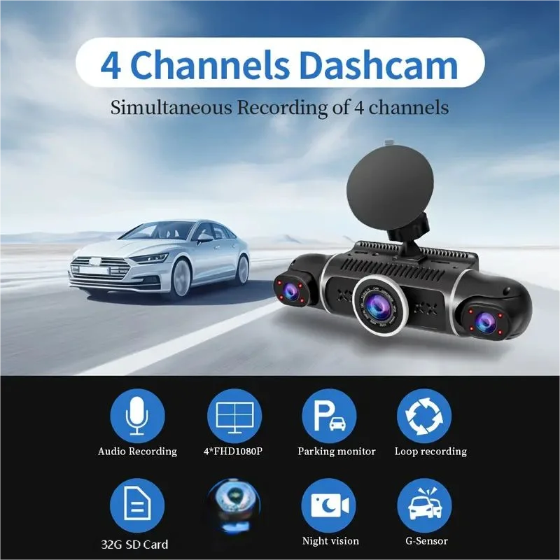 Car camera recorder 4 screens, 24 hours to record parking monitoring,