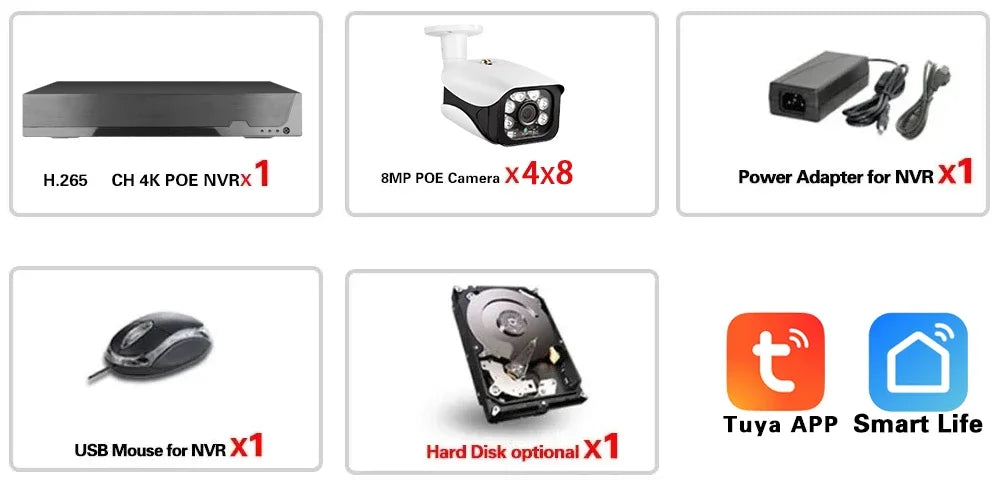 4K 8MP TUYA Security Kit 8CH POE NVR Outdoor Audio Record Human Detection Bullet IP Camera Video Surveillance Smart Life System