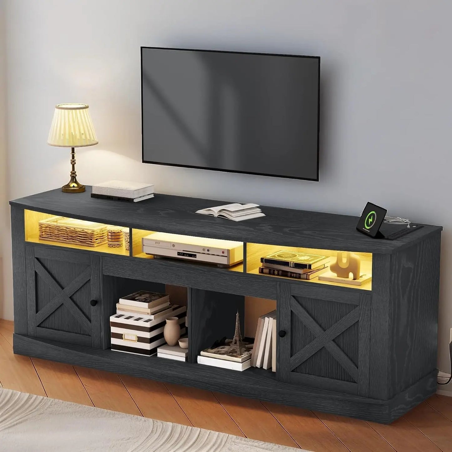 TV Stand for 75/80 Inch TV,Black Entertainment Center 70 Inches Wide,Media Furniture TV Table with with Power Outlet,TV Consoles
