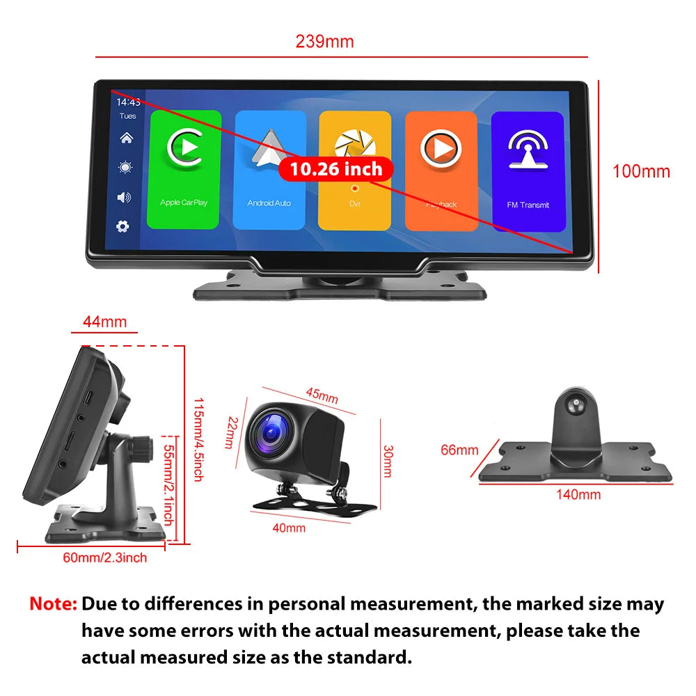 Podofo 10.26" Dash Cam 4K Rearview Camera Dashboard DVR Car Monitor