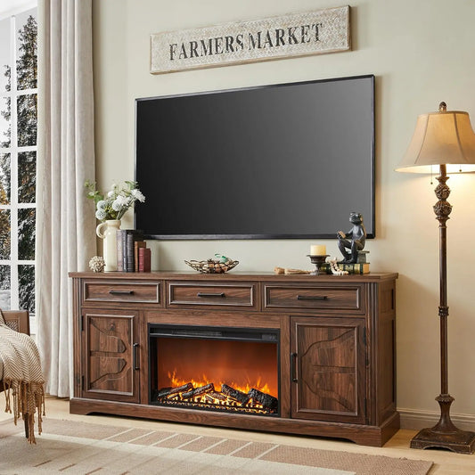 Farmhouse TV Stand for Up to 80 Inch TV, Entertainment Center with Electric Fireplace, Storage Cabinet Drawer for Living Room
