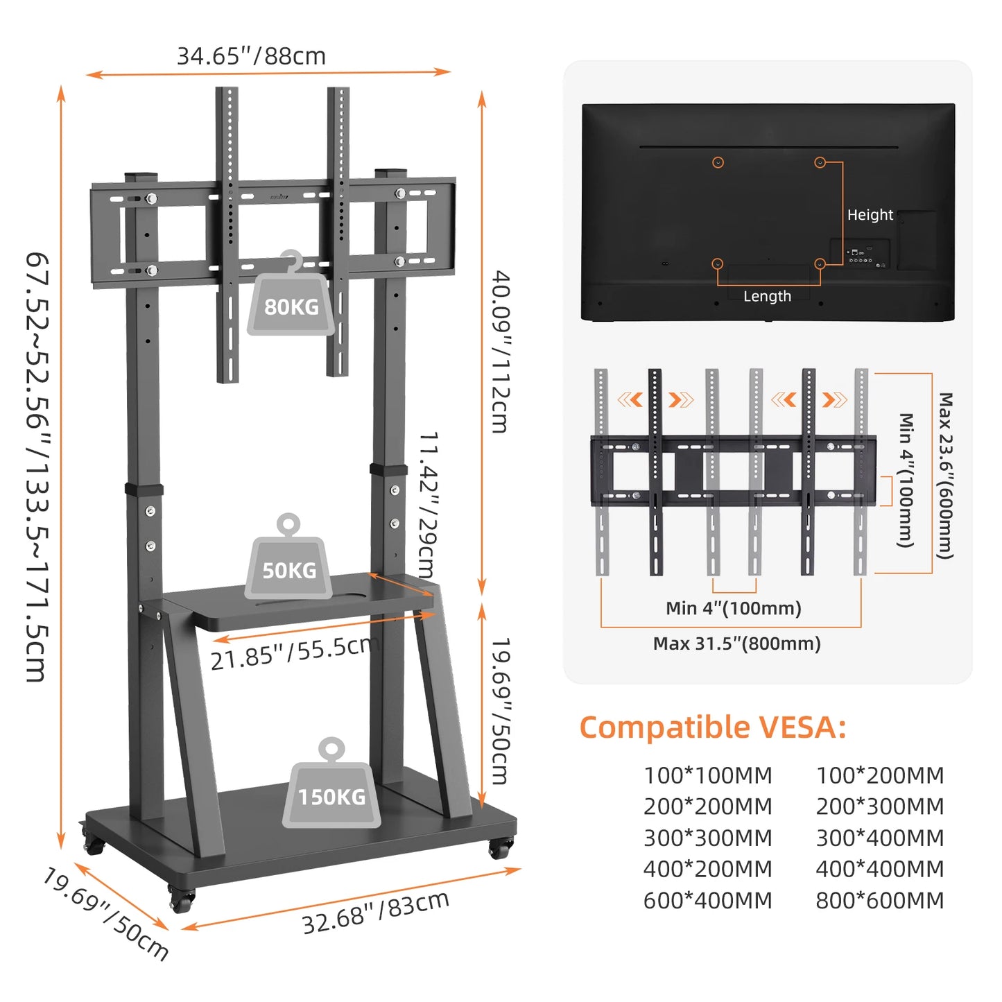 Heavy Duty Mobile TV Cart Stand Height Adjustable Stable TV Trolley with 2 Tier Storage Shelves