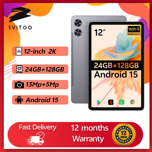 SVITOO 12-inch Tablets Android 2025 24GB RAM 128GB ROM