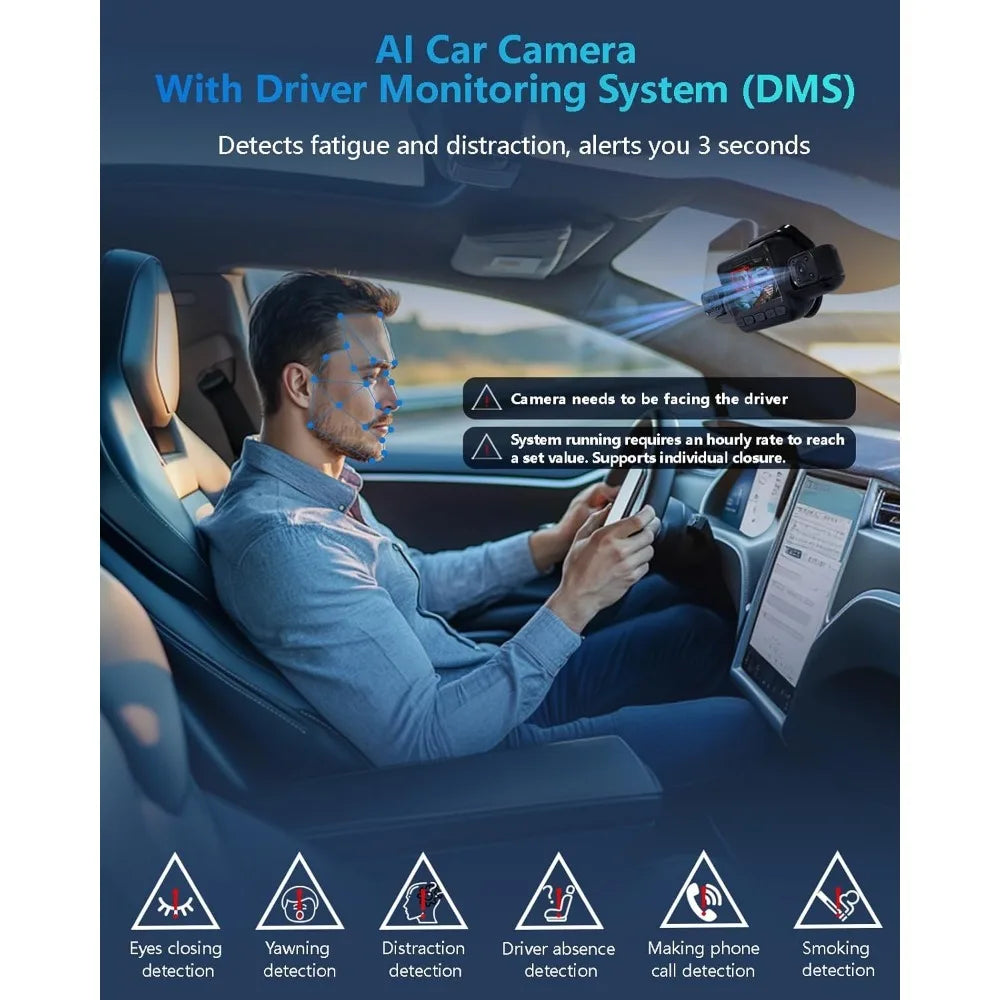 AI Dash Cam Front Rear Inside w/Driver Monitor System,