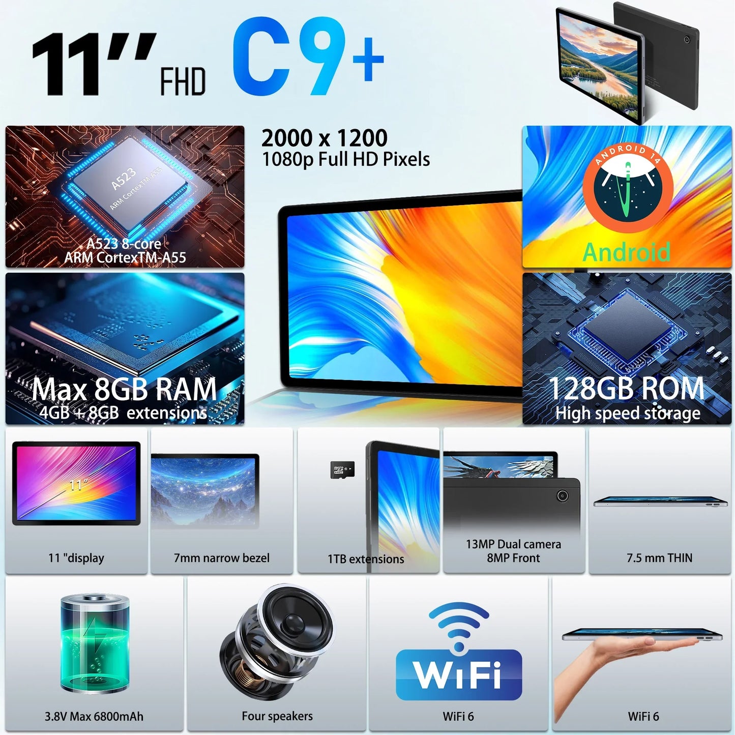 URAO C9+ 11 Inch Tablet Android 14 12GB RAM 128GB ROM(1TB TF Extensions)