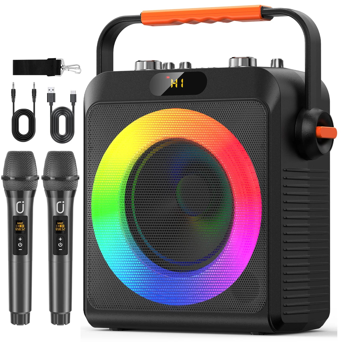 FanFun Karaoke Machine with 2 Microphones, Portable Bluetooth Speaker with RGB Light, Karaoke System for Karaoke Home Party