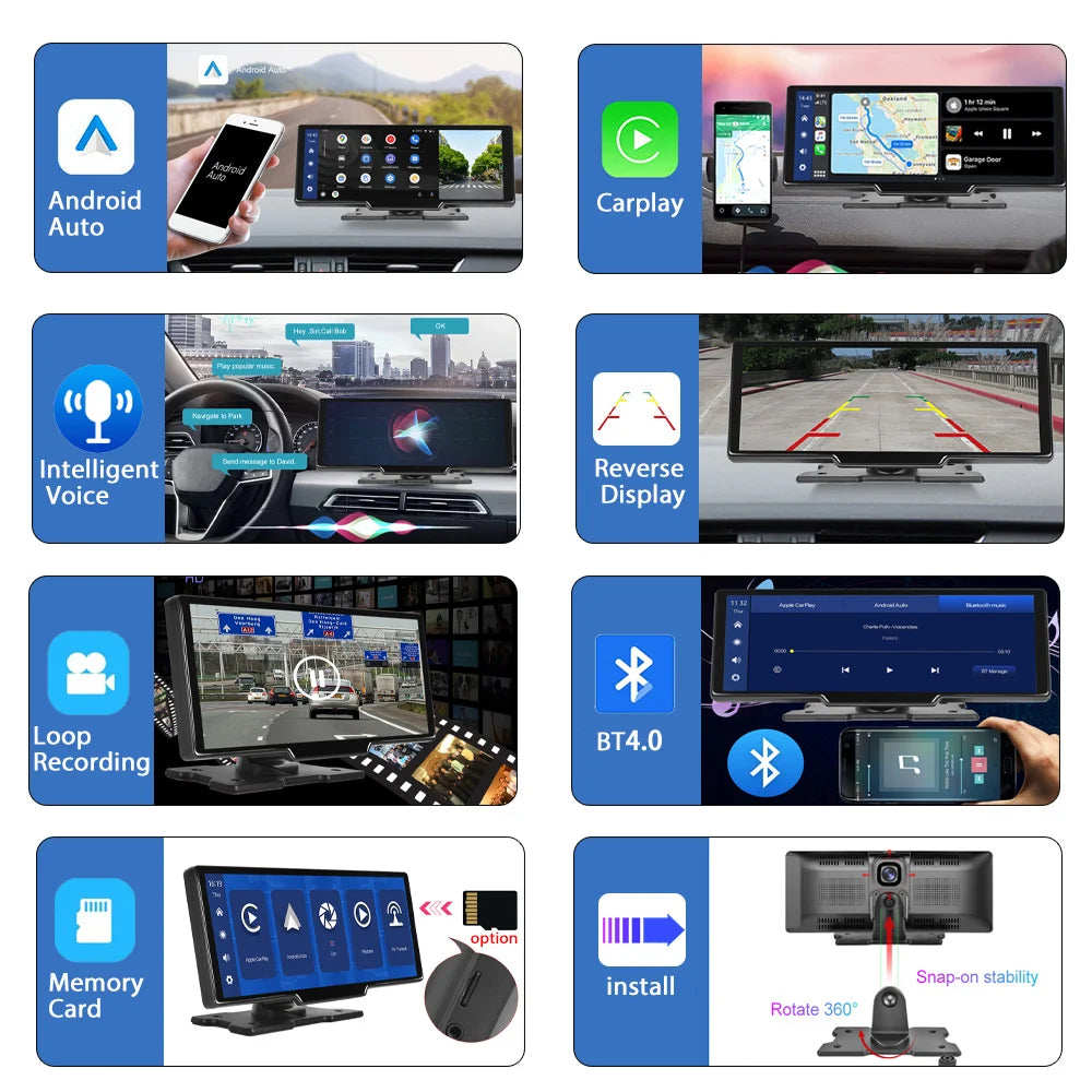 Podofo 10.26" Dash Cam 4K Rearview Camera Dashboard DVR Car Monitor