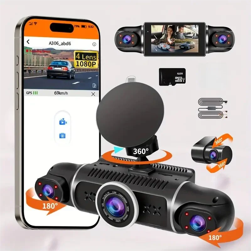 Car camera recorder 4 screens, 24 hours to record parking monitoring,