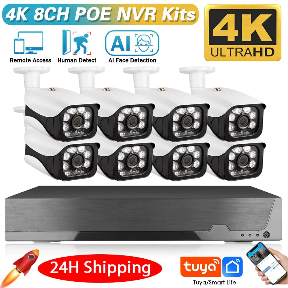 4K 8MP TUYA Security Kit 8CH POE NVR Outdoor Audio Record Human Detection Bullet IP Camera Video Surveillance Smart Life System