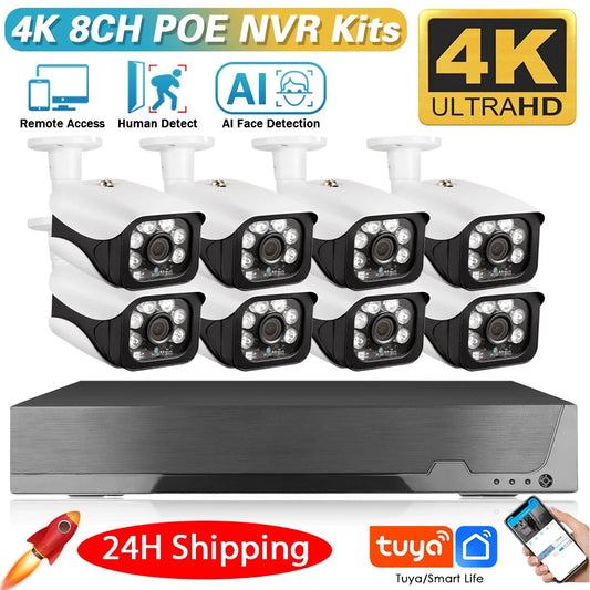 4K 8MP TUYA Security Kit 8CH POE NVR Outdoor Audio Record Human Detection Bullet IP Camera Video Surveillance Smart Life System