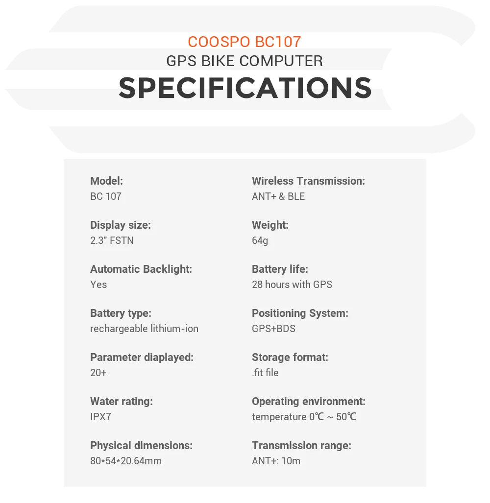 COOSPO BC107 Bike Computer GPS Wireless Bicycle Cycling Odometer Speedometer