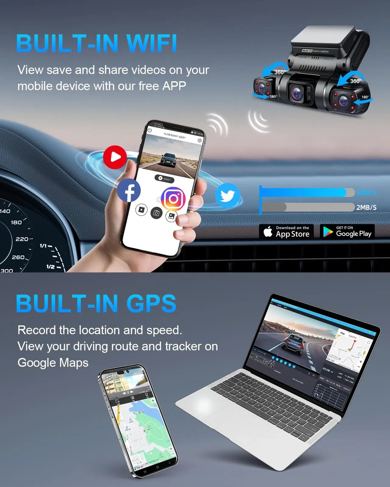 PRUVEEO 360° View Dashcam with GPS WiFi Night Vision Dash Cam Parking Monitor