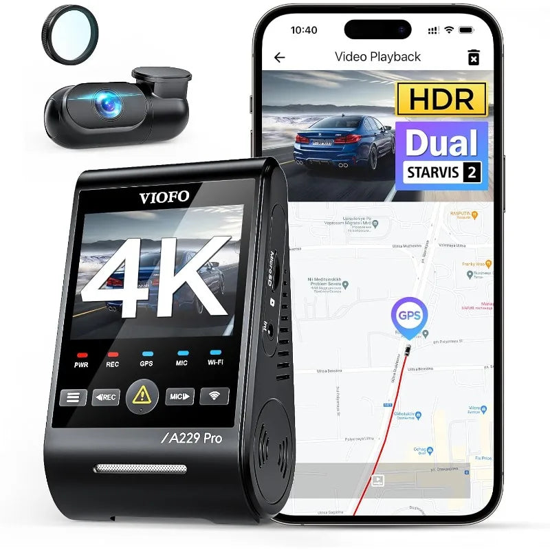 A229 Pro 4K HDR Dash Cam,  4K+2K Front and Rear Car Camera, 2 Channel with HDR, Voice Control