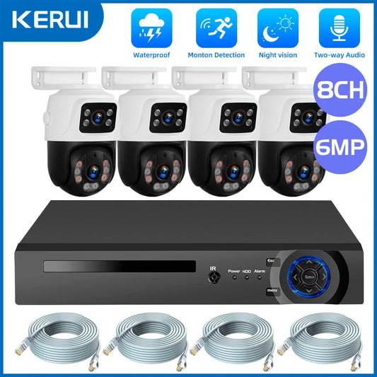 KERUI 6MP HD H.265 Outdoor Dual lens Camera System Kit POE NVR 8CH Home Security CCTV Surveillance Recorder Night Vision XMEye