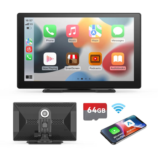 9 Inches Portable Wireless CarPlay with 4K Dash Cam with 64G TF Card,
