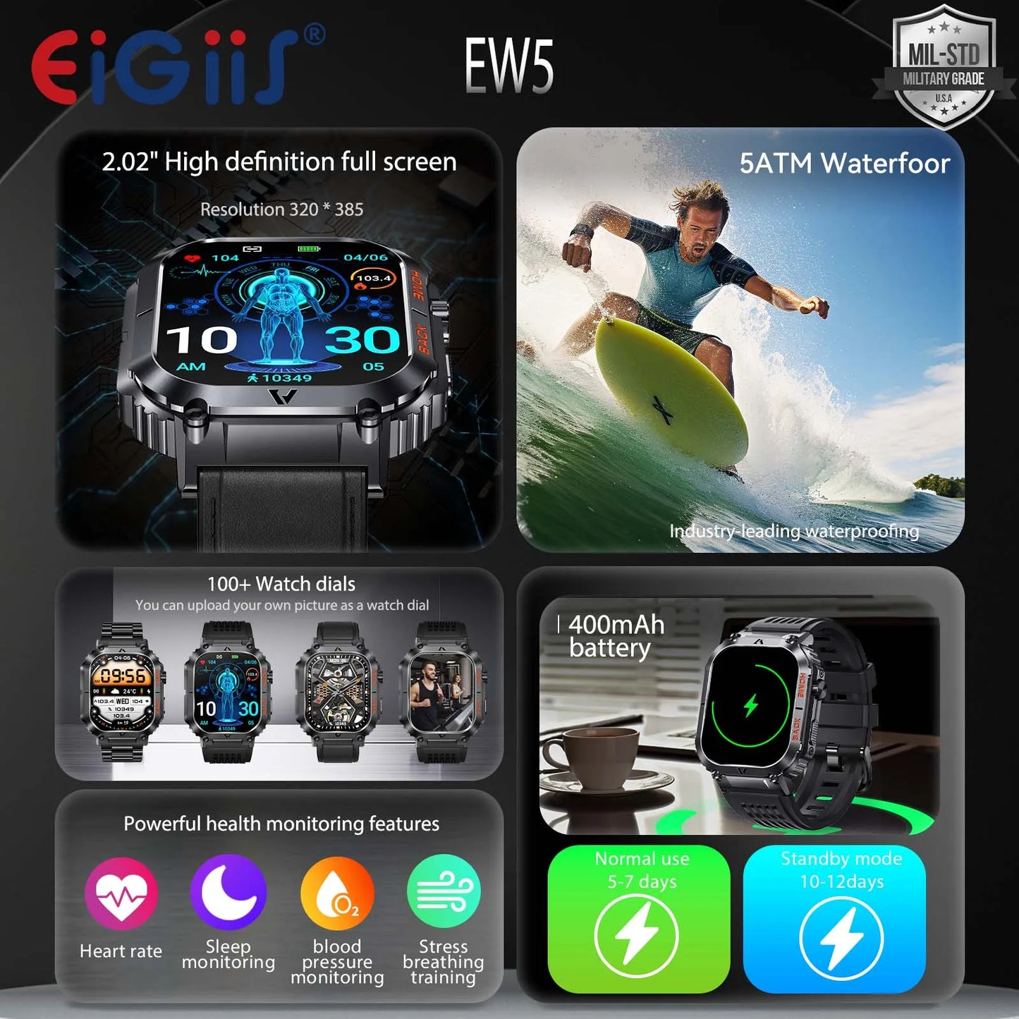 EIGIIS New 5ATM Waterproof Men Military Watch