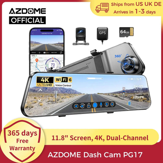 AZDOME PG17 12" WiFi Mirror Dash Cam 4K Front and 1080P Rear View Mirror Camera for Cars