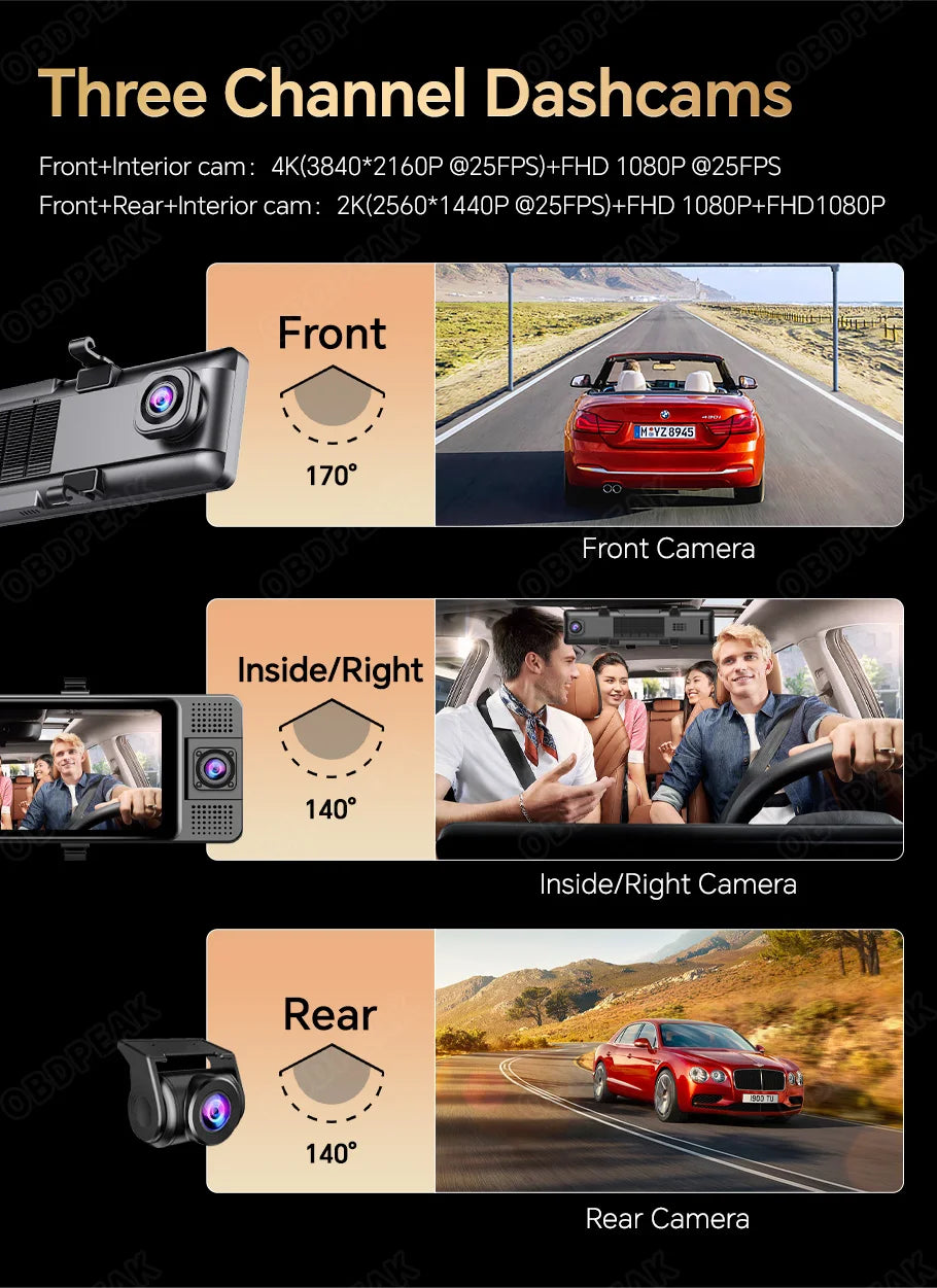WiFi 3 Channel 4K 11.26 Inch Rearview Mirror Three Way Dash Cam