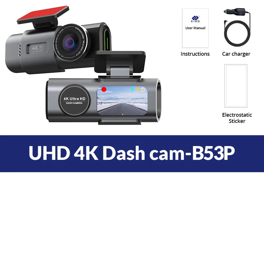 E-ACE 4K Dash Cam for Cars Dual Lens Camera DVR Video Recorder