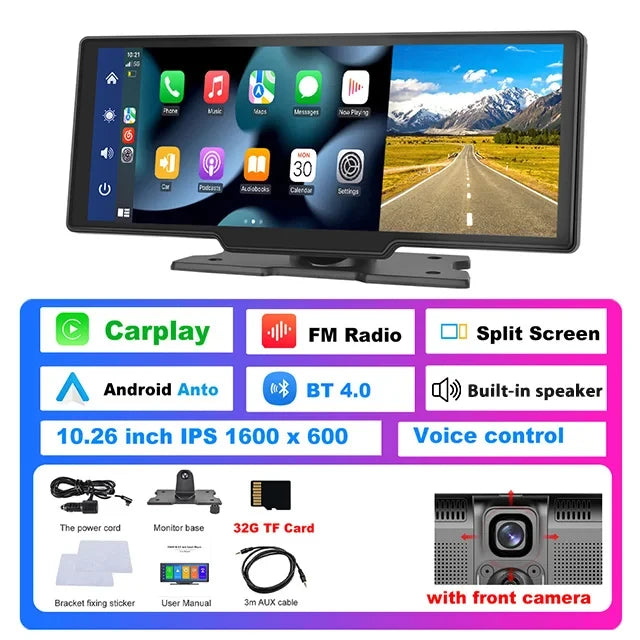 Podofo 10.26" Dash Cam 4K Rearview Camera Dashboard DVR Car Monitor