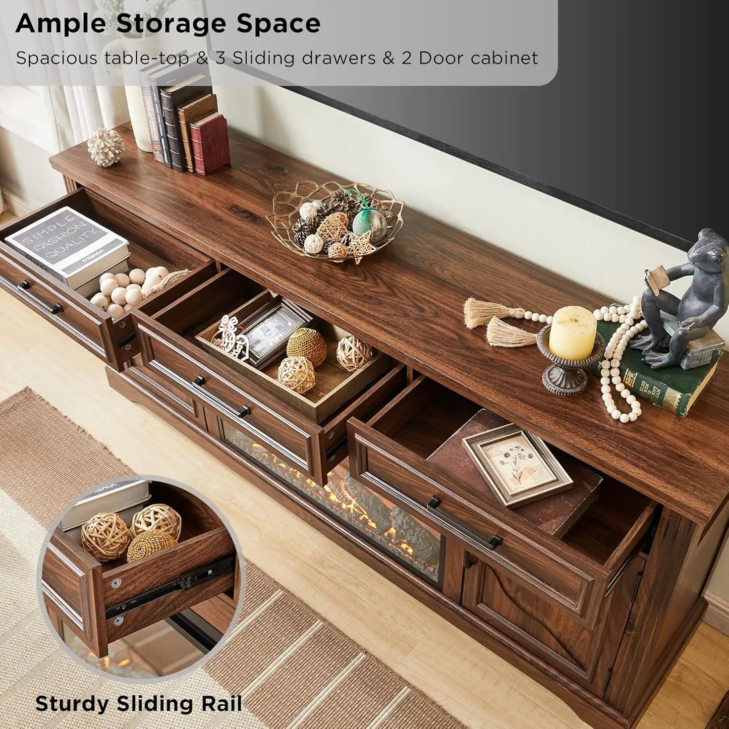 Farmhouse TV Stand for Up to 80 Inch TV, Entertainment Center with Electric Fireplace, Storage Cabinet Drawer for Living Room