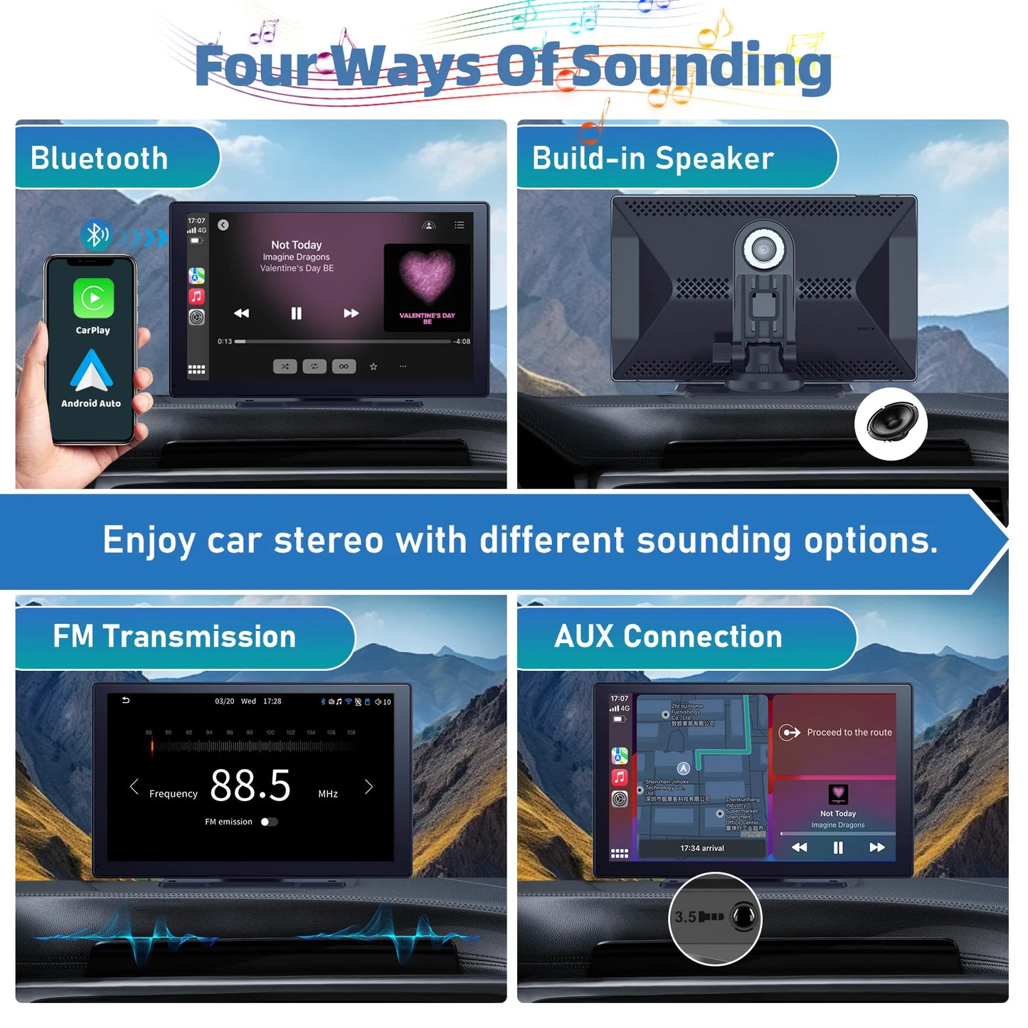 9 Inches Portable Wireless CarPlay with 4K Dash Cam with 64G TF Card,