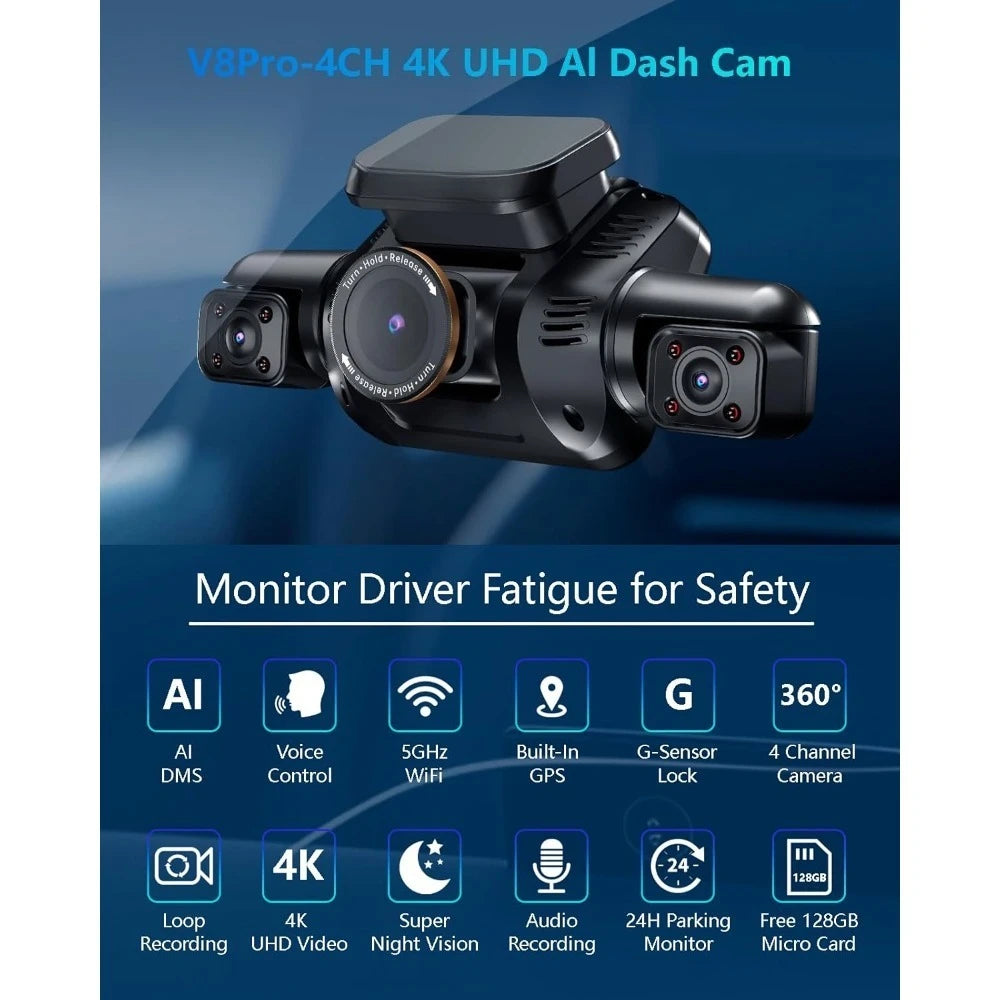 AI Dash Cam Front Rear Inside w/Driver Monitor System,