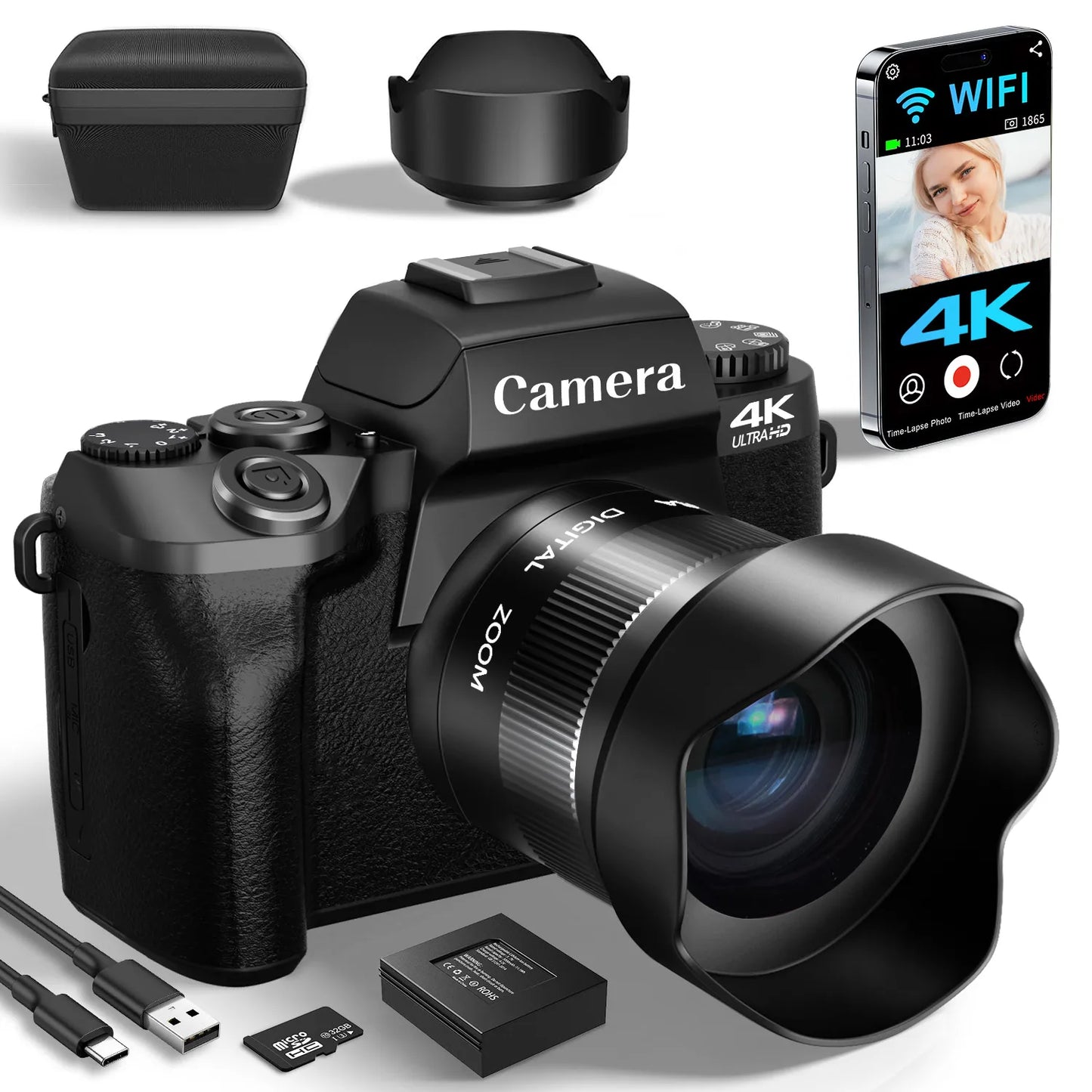 Digital Camera for Photography, 4K 64MP WiFi Vlogging Camera