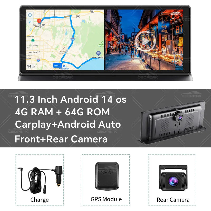 11.3" Android 14 Dash Cam Wireless CarPlay Android