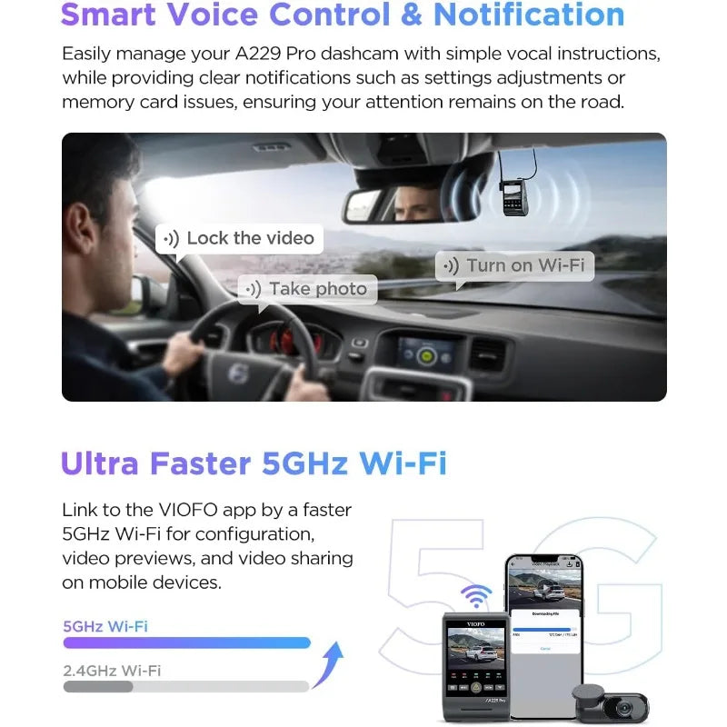 A229 Pro 4K HDR Dash Cam,  4K+2K Front and Rear Car Camera, 2 Channel with HDR, Voice Control