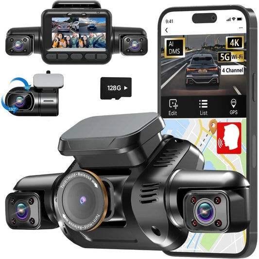 AI Dash Cam Front Rear Inside w/Driver Monitor System,