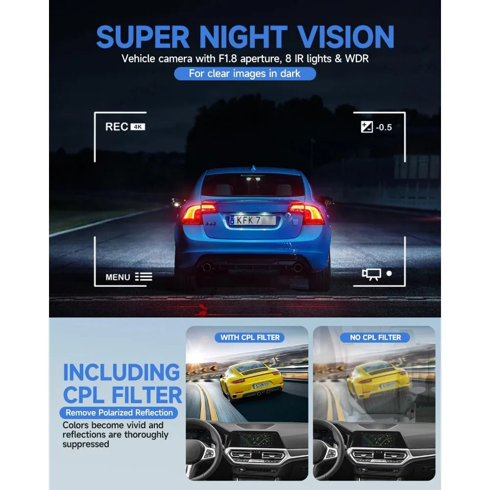Dash Cam 4 Channel Front and Rear Inside, 360° Car Camera