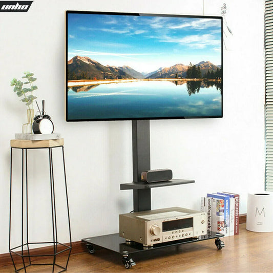 Tilting Height Adjustable TV Floor Stand Mount Display Trolley with Locking Wheels Two Shelves Free HD Cable for 32-65 Inch