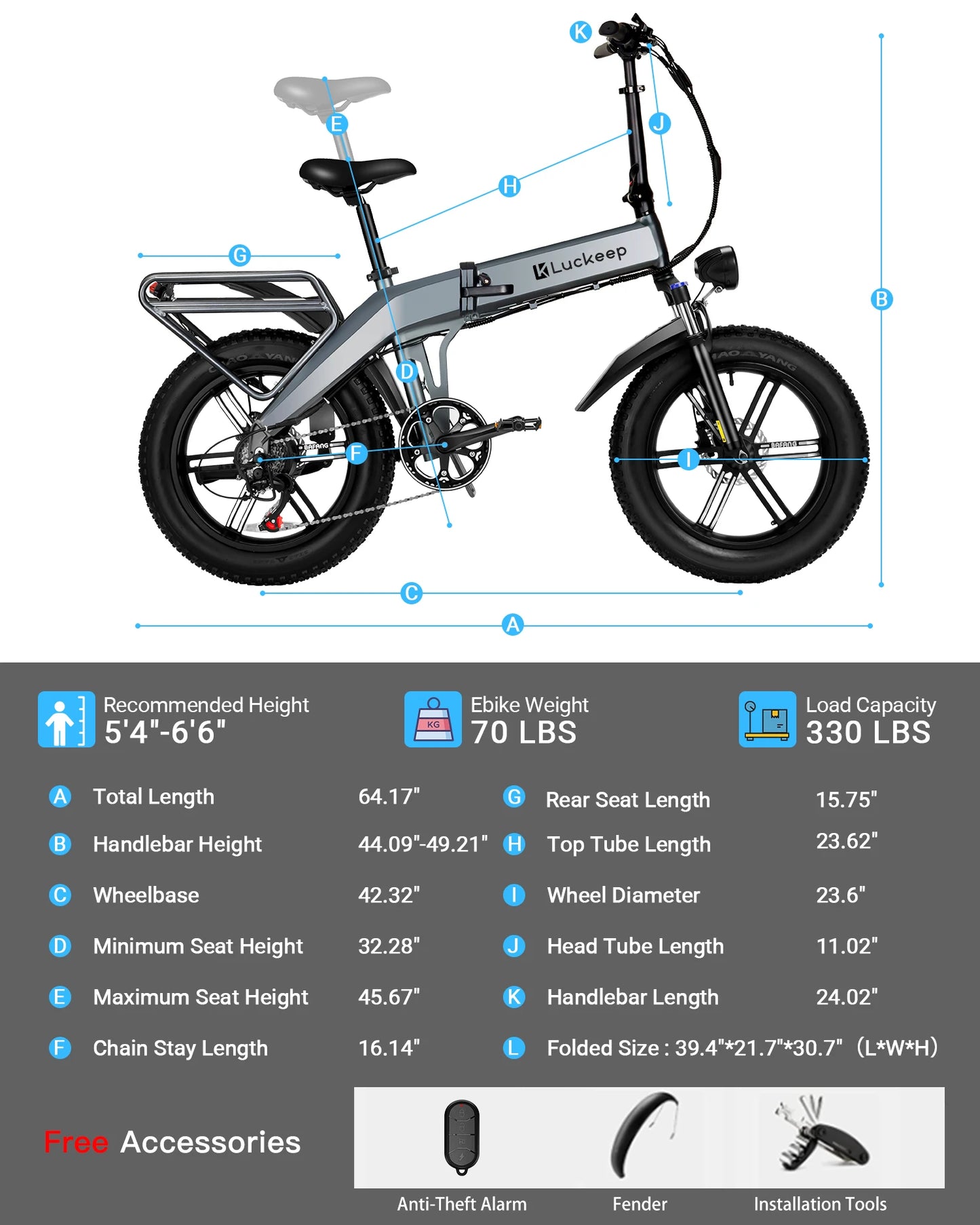 Luckeep X1 Fold Electric Bike 1500W Peak Motor 48V15AH Battery Electric Bicycle Hydraulic Disc Brakes 20" x 4.0" Fat Tire Ebike
