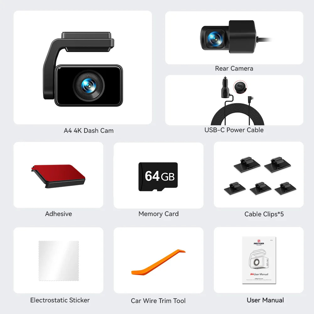 REDTIGER A4 Dash Camera Front and Rear 4k Dash Cam