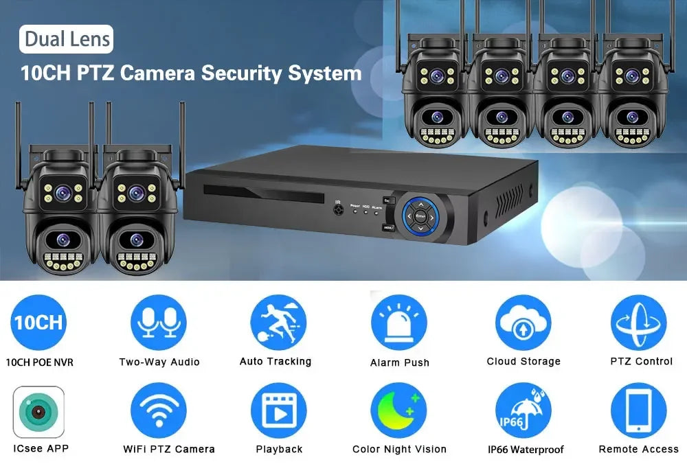 Smart 4K 8MP Wireless Dual Lens PTZ WiFi IP Home Security Camera System 10CH POE NVR H.265 Video Surveillance Set CCTV Kit ICsee