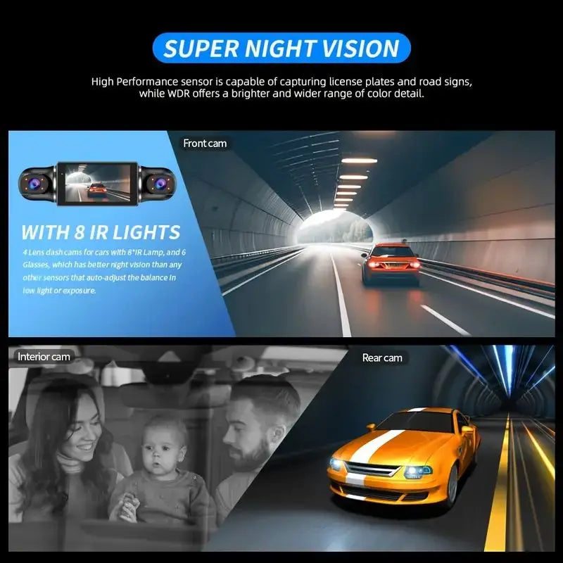 Car camera recorder 4 screens, 24 hours to record parking monitoring,