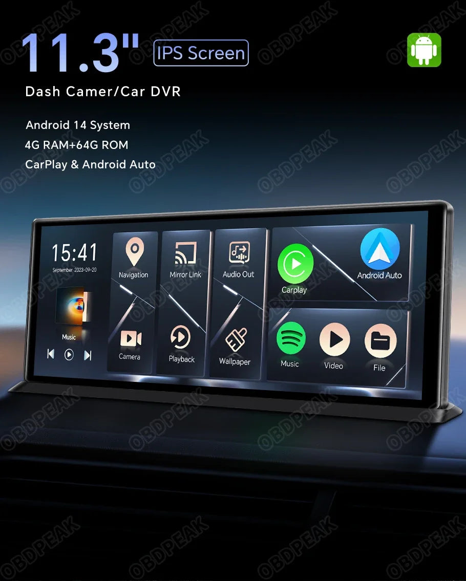 11.3" Android 14 Dash Cam Wireless CarPlay Android