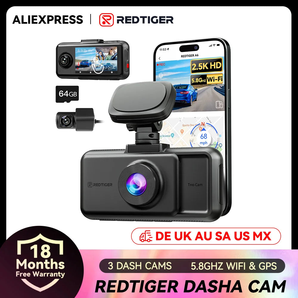 REDTIGER A6  3 Cameras Front/Cabin/Rear Cam 4K