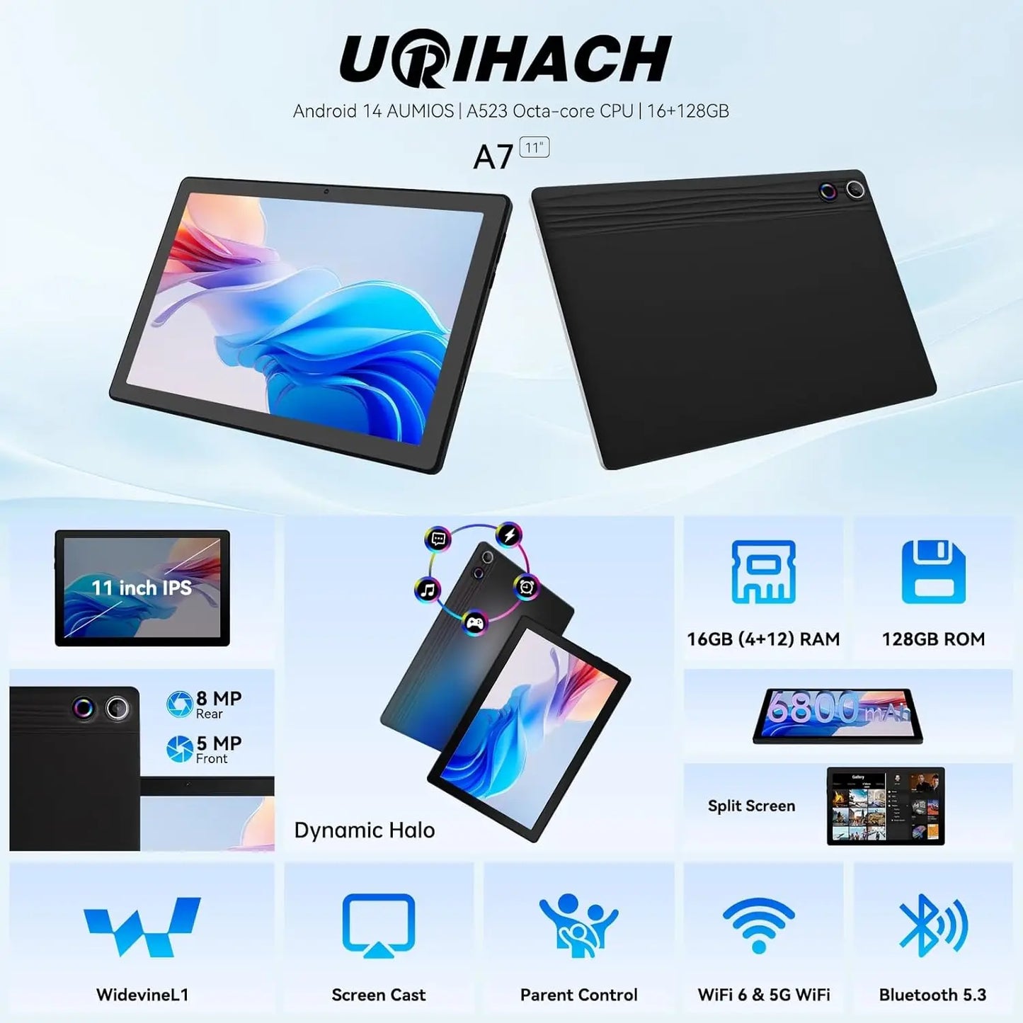 URAO A7 11 Inch Android Tablet 16GB RAM 128GB ROM 1TB Expansion