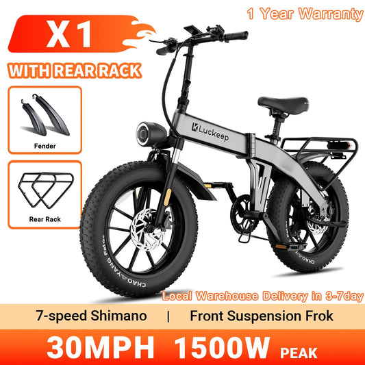 Luckeep X1 Fold Electric Bike 1500W Peak Motor 48V15AH Battery Electric Bicycle Hydraulic Disc Brakes 20" x 4.0" Fat Tire Ebike