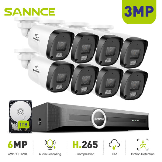 SANNCE 3MP Video Surveillance Network Kit 8pcs PoE IP Cameras 8CH NVR Built-in Mic Smart IR Night Vision Security System