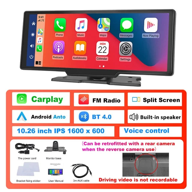Podofo 10.26" Dash Cam 4K Rearview Camera Dashboard DVR Car Monitor