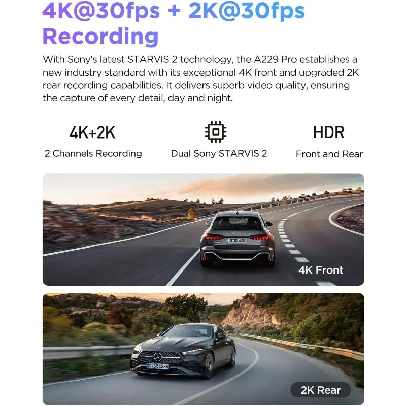 A229 Pro 4K HDR Dash Cam,  4K+2K Front and Rear Car Camera, 2 Channel with HDR, Voice Control